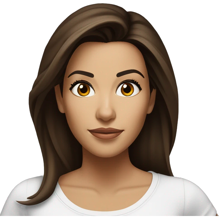 3/4 face, contrasted, shadow, light, Eva Longoria expression, standing from a distance, thin nose, brunette woman, hazel eyes, long eyelashes, dark shoulder shaded hair, white t-shirt, jeans, white sneakers emoji