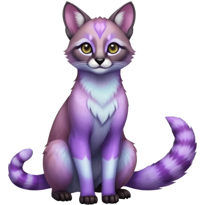 Colorful dark tropical pastel-lilac-lavender-violet iridescent pastel white glorious divine exotic cute cool beautiful shiny beautiful fantasy-caracal-civet-genet-vernid-oncilla-animal-Fakémon-hybrid-fursona (full body) emoji