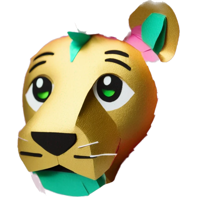 lion made of colourful cyan pink gold piñata paper strips with green eyes emoji