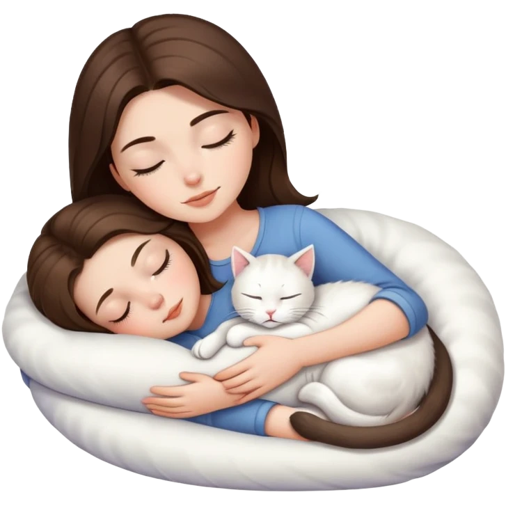 White kitty sleeping on brunette white girl's lap emoji