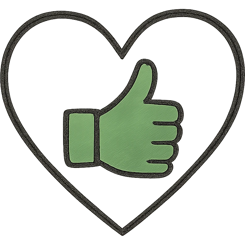 minimalist green thumbs up emoji inside heart, white background, conveying message all is well and safe emoji