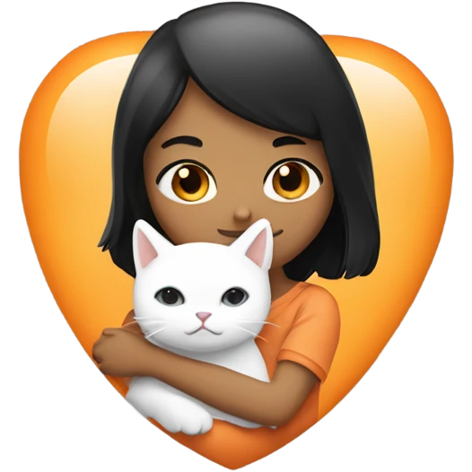 Make an emoji sticker of a girl with black hair and brown eyes hugging a cat that’s white and orange tabby emoji
