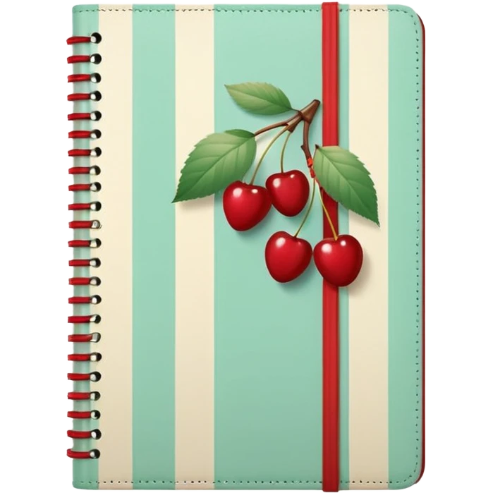 Cute vintage notebook cover, mint and cream vertical stripes, red spine
Hand-drawn cherries with leopard bow, playful feminine aesthetic
Flat illustration, clean composition, soft retro color palette emoji