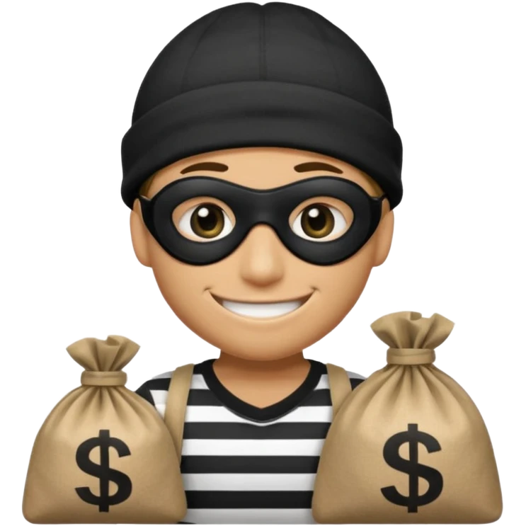smiley robber wears black eye mask, black beanies and black and white stibes shirt with one brown money bag beside him emoji