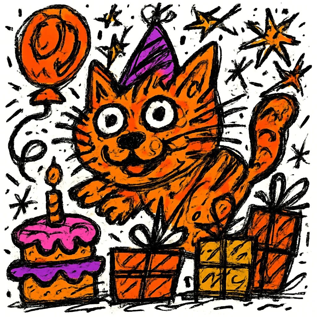 Make the birthday cake more colorful while keeping the chaotic outlined style and all other elements intact emoji
