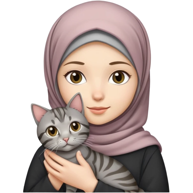 White girl wearing pretty hijab holding a black grey tabby cat while standing emoji