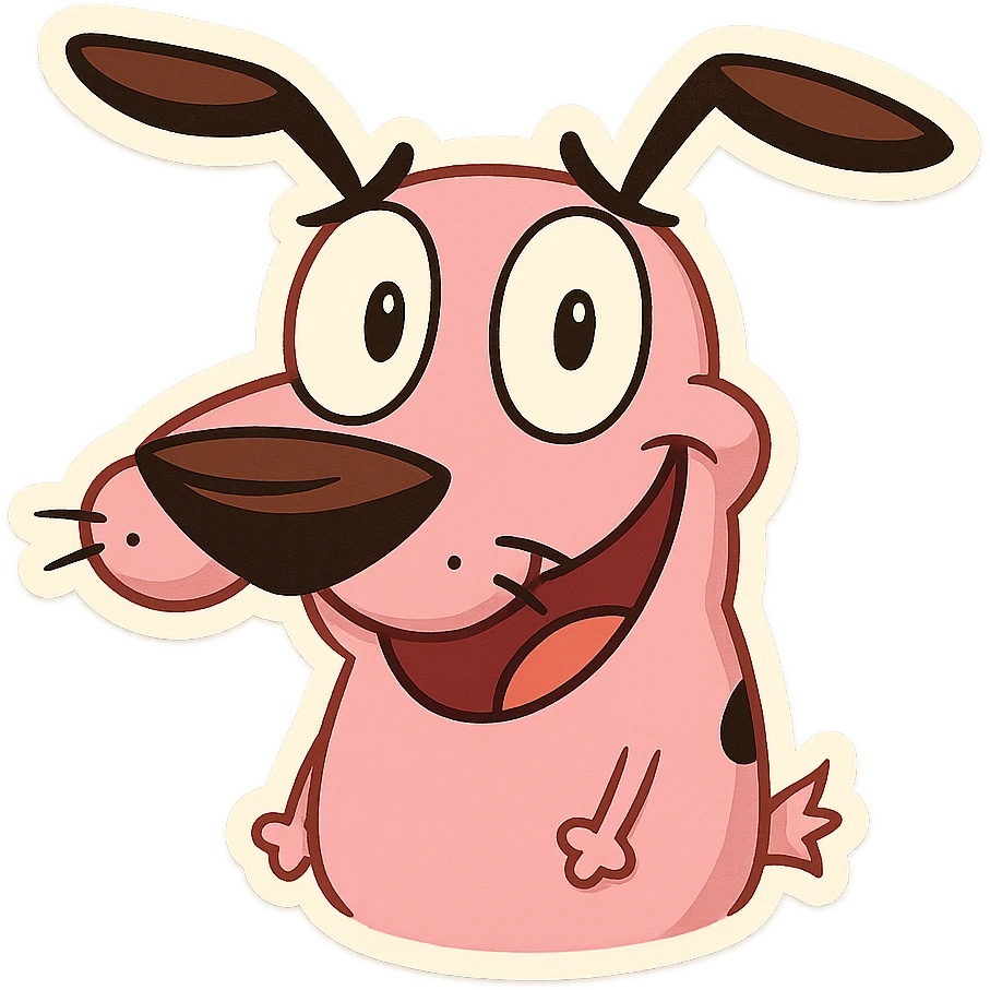 Courage the Cowardly Dog emoji, smiling, pink dog, big nose, cartoon style emoji