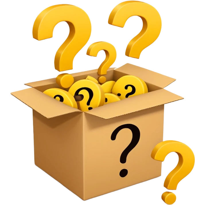  box printed with q&a over stuffed with yellow question marks emoji