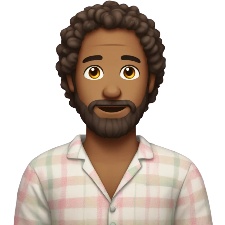 Man with poofy curly brown hair and a beard in pajamas emoji