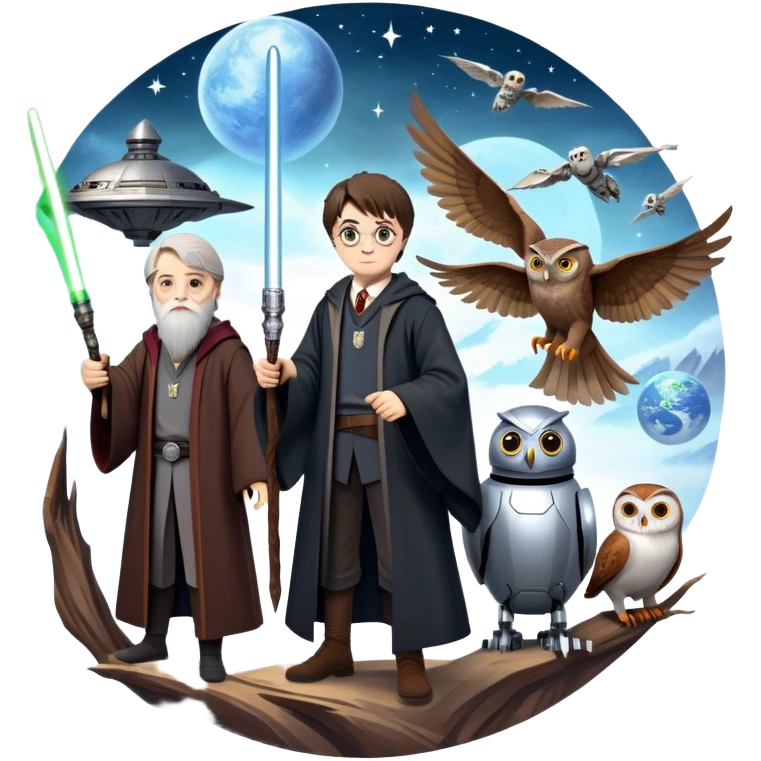 Icon for Fantasy and Sci-Fi Movies: Collage featuring Harry Potter with his wand, Dumbledore, Luke Skywalker with a lightsaber, and futuristic robots. Background with a magical planet, Hogwarts, flying owls, and spaceships. Epic and magical atmosphere. Transparent background. emoji