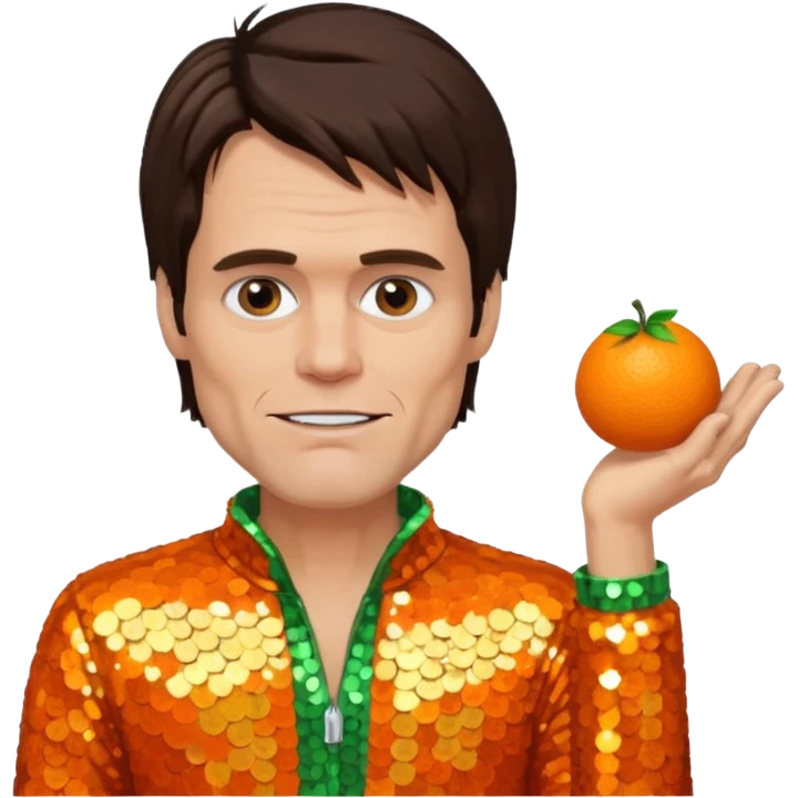 Jim Carrey with dark brown hair, orange sequin outfit emoji