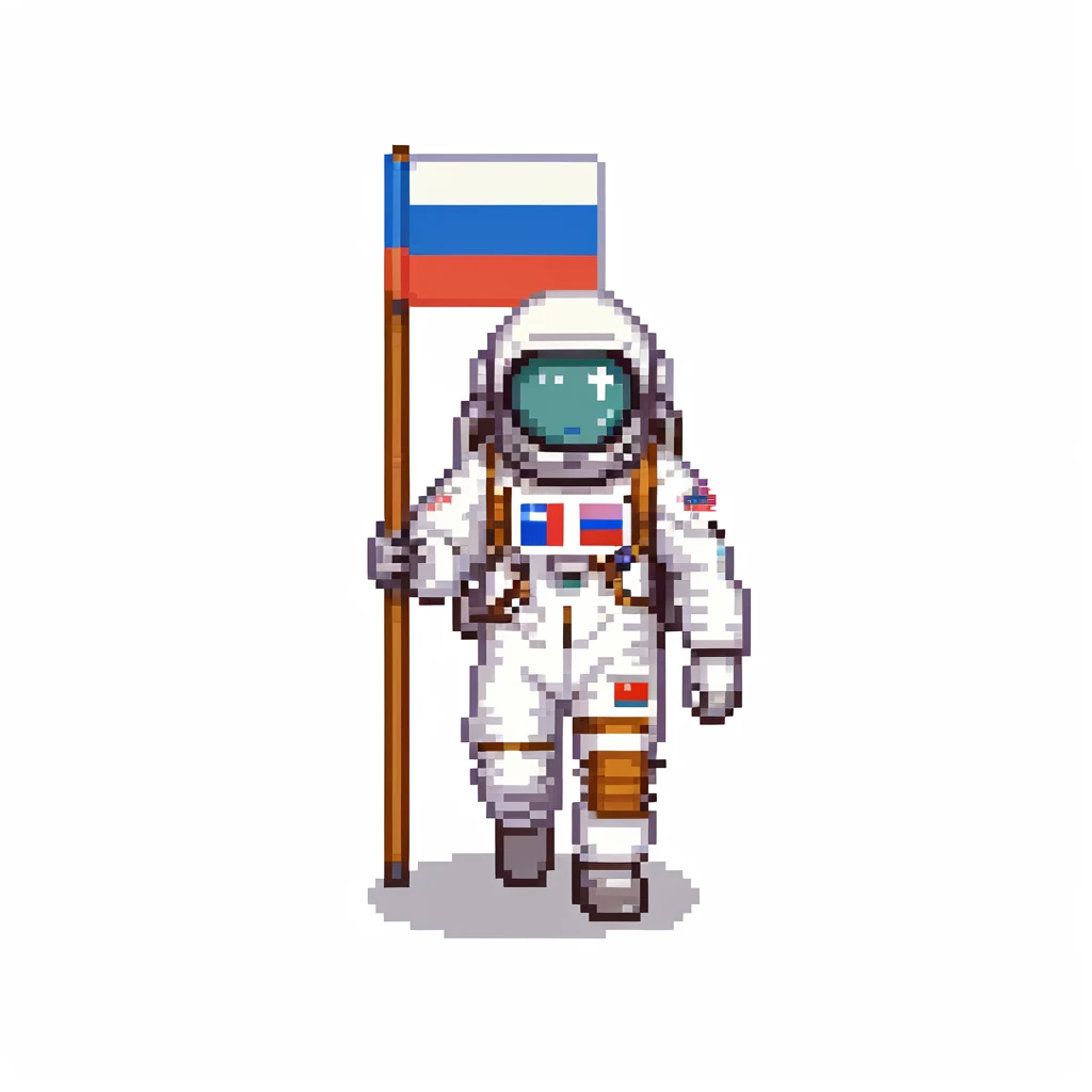 Cosmonaut walking on a planet surface, wearing a spacesuit with Russian flag, light hair and light skin visible through helmet emoji