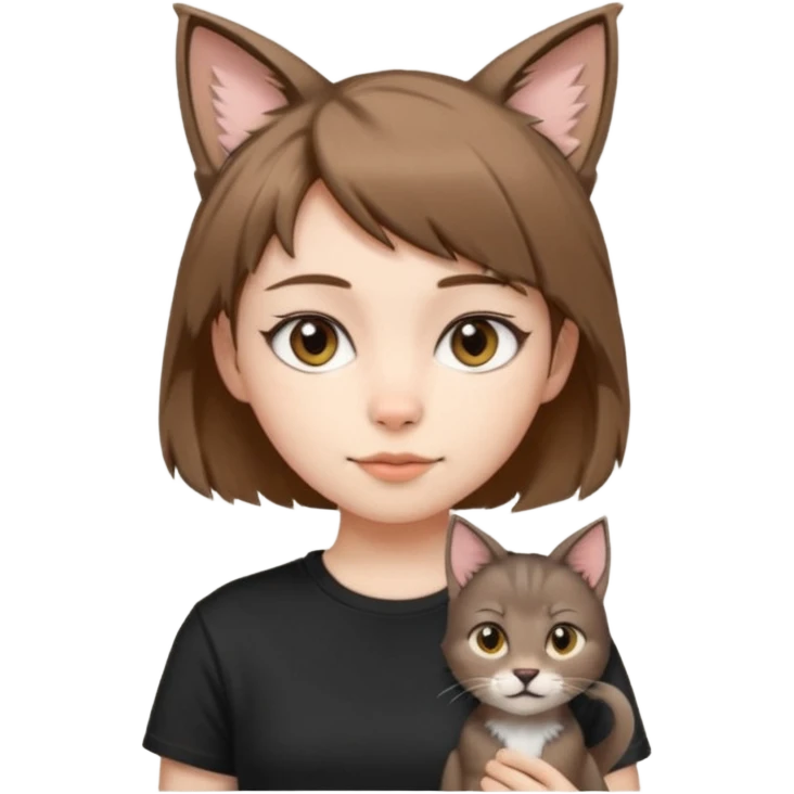 a girl with short brown wolf cut , cat ears and a tail, with a black t-shirt on emoji