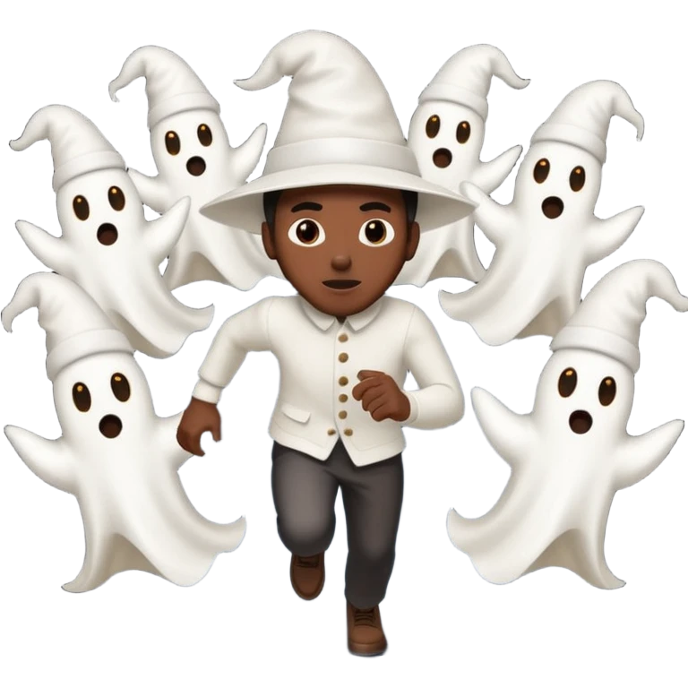 A black male being chased by ghosts with pointy white hats emoji