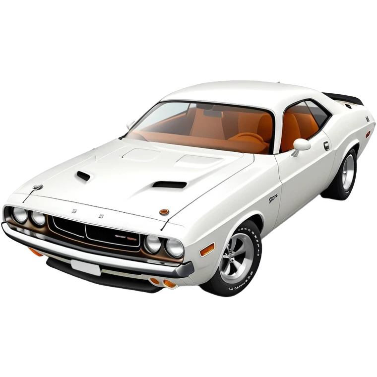 Accurate white 1971 Dodge Challenger, precise 30-degree three-quarter view, maintaining proper proportions and structure, detailed front grille and headlights, all-white exterior, iOS emoji style emoji