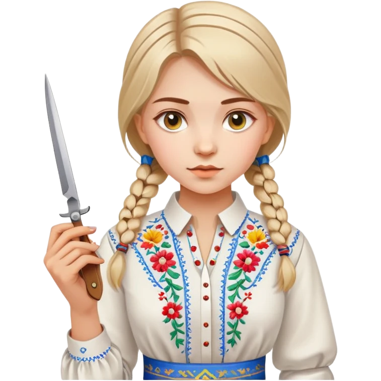 Ukrainian young girl in a white embroidered traditional shirt (vyshyvanka) holding scissors and colored cardboard emoji