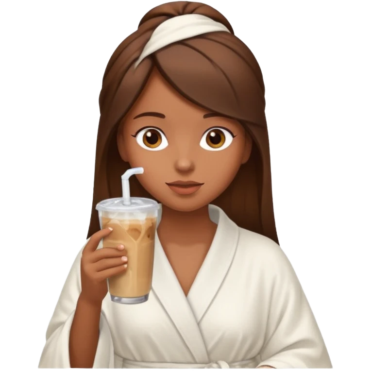 Side profile of a girl with brown hair in a robe and towel sipping iced coffee emoji