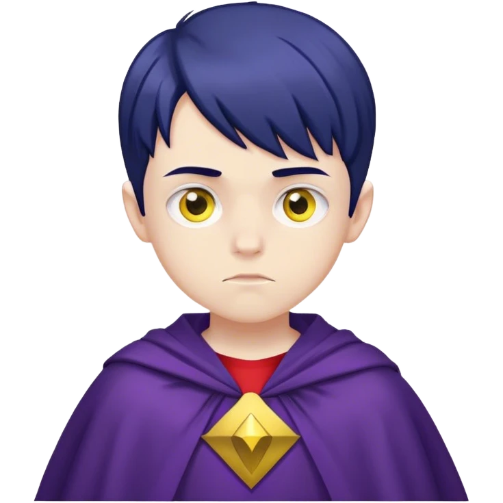 pale boy (13 years old) with a gloomy face. navy blue hair and yellow eyes. wearing a purple cape, red blouse and navy blue pants emoji