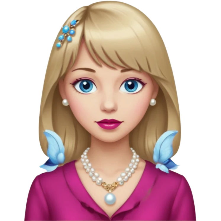 Woman with long dark blond hair and bang, blue eyes, raspberry lip, with classy clothe emoji emoji