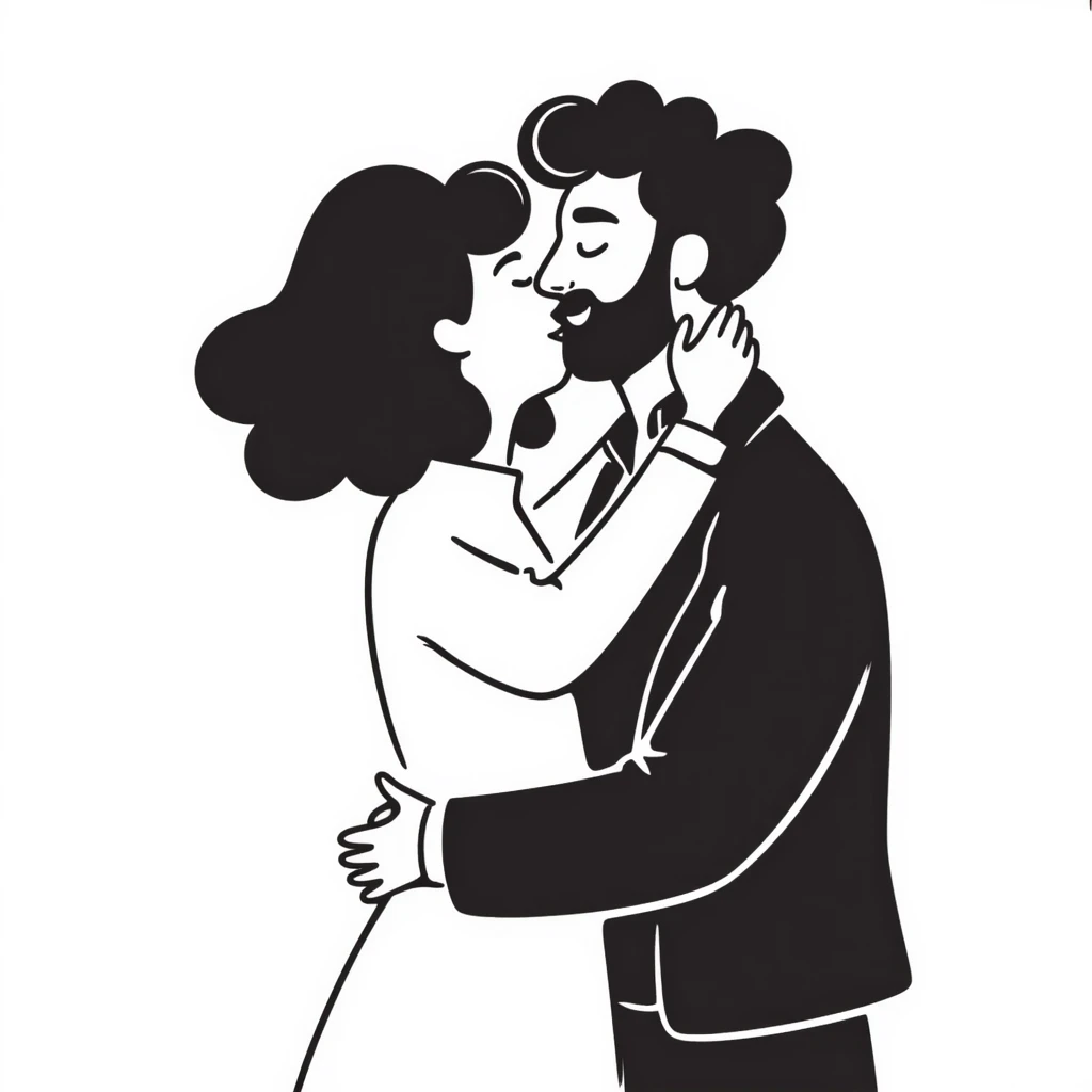 curly haired girl kissing a man with a beard, romantic couple kiss emoji