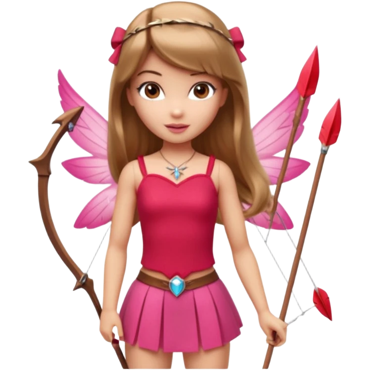 Hada sexy cupido pequeña  de cabello largo lacio castaño claro con flequillo y ojos cafés  vestida de top y falda roja y con arco y flechas cabello lacio labios rosas tipo Barbie pero en hada cupido emoji