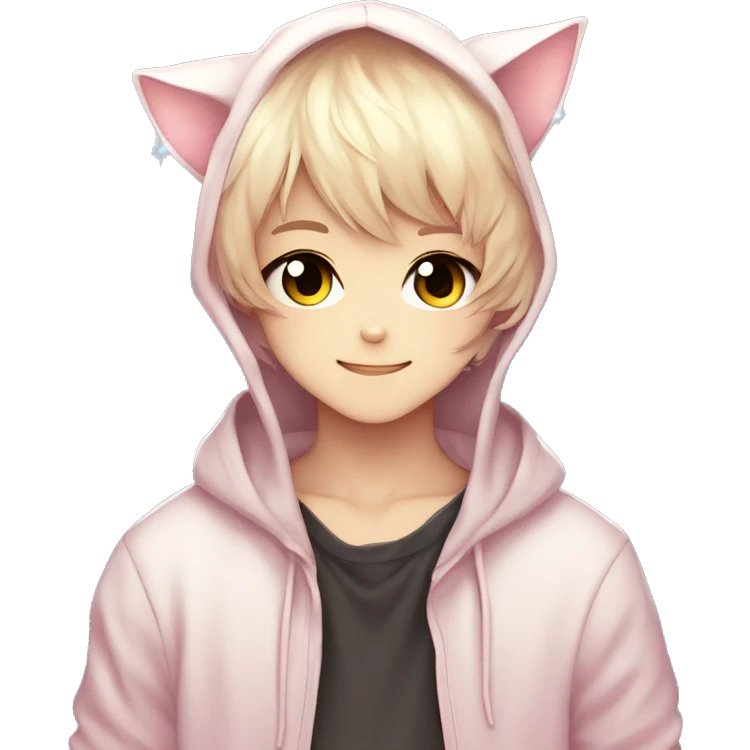 Cute Kawaii Beautiful Gorgeous Sparkly Shiny Blushing Anime Style Catboy With Pretty Hair And Hoodie Trendy Style Outside emoji