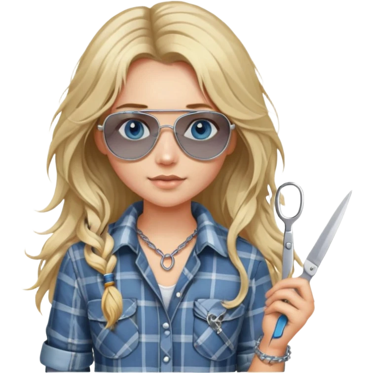 girl with long blond messy hair wearing grey plaid shirt with blue eyes and aviator sunglasses wearing a ring on her silver necklace, holding scissors emoji