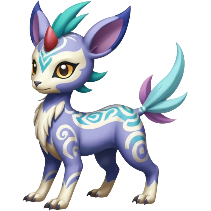 Tropical Tiny Marked Patterned Tribal Colorful Skilled Adept Graceful Asian Painted Garurumon-Meloetta-Absol-Suicune-Cobalion-fusion-hybrid-creature (full body) emoji