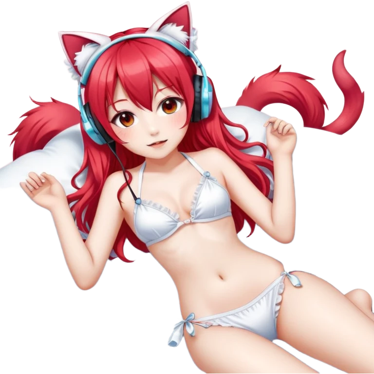  Anime girl with long red and white hair, cat ears, and headphones, lying on a bed in a white frilly bikini, playful pose, vibrant colors, glossy shading, detailed eyes
 emoji