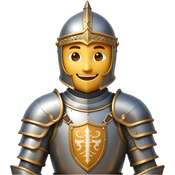 Clash of Clans aesthetic Cheerful Knight Portrait Emoji, With a radiant smile and an upright, confident stance, featuring an elegantly armored figure with intricate detailing and shining accents, his face in a natural skin tone, Simplified yet expressive features, highly detailed, glowing with a soft, luminous aura, high shine, upbeat and noble, stylized with an air of classic medieval heroism, soft glowing outline, capturing the essence of a cheerful knight ready to embark on legendary adventures! emoji