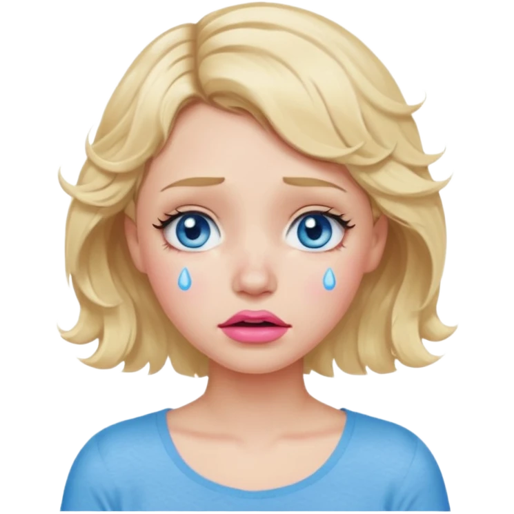 Girl Blonde short wavy hair,  blue eyes, cute blue top, long lashes, pink lips,crying with tears running down the face  emoji