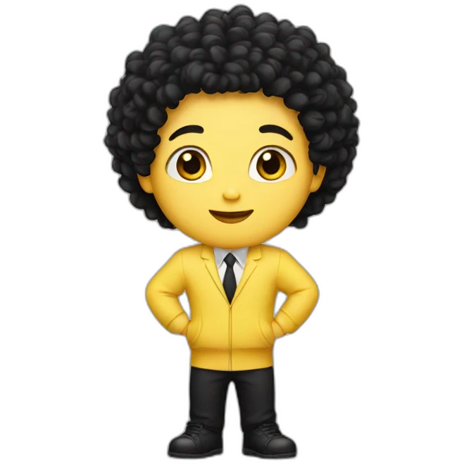 A white kid with black curly hair wearing a banana suit emoji