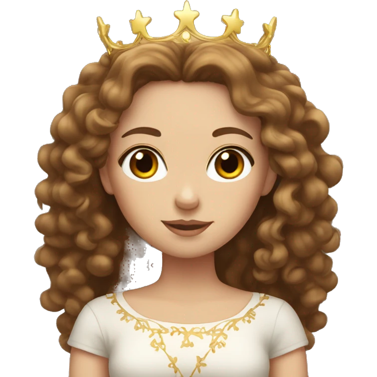 White girl with long brown curly hair wearing a crown emoji