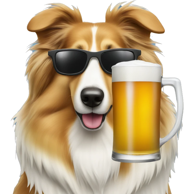 Rough collie dog wearing sunglasses drinking a beer emoji