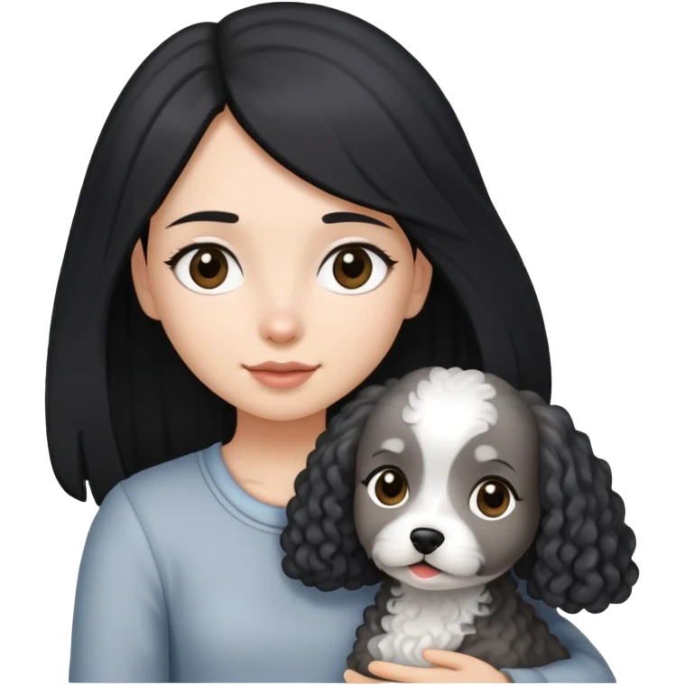 A girl with long straight hair holding a small light gray curly-haired dog emoji
