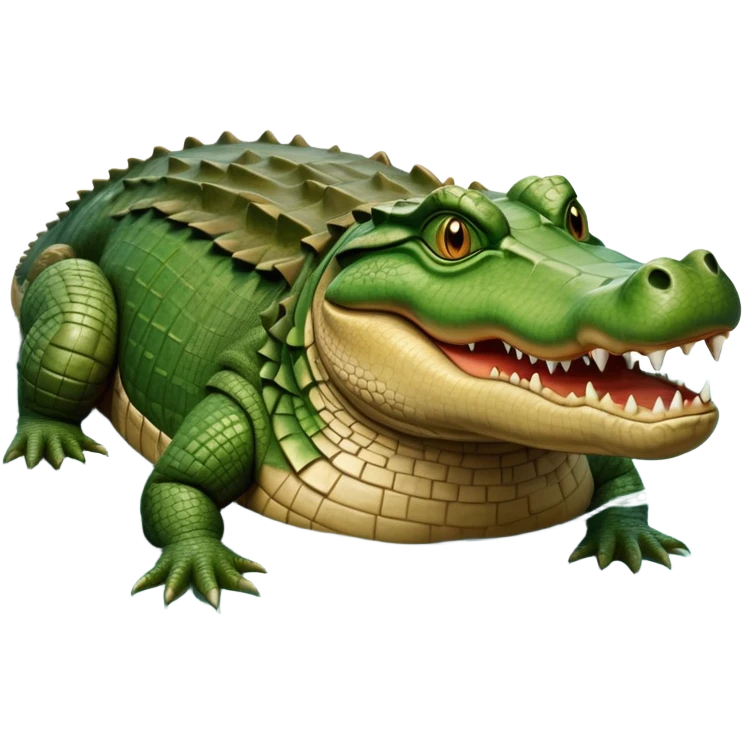 cinematic-crocodile-realistic-full-body-lounging-emoji,-massive-scaled-body-partially-submerged-in-shallow-water,-head-tilted-dramatically,-rough-green-and-brown-hide-textured-with-deep-ridges,-simplified-yet-realistic-focused-features, head held high emoji