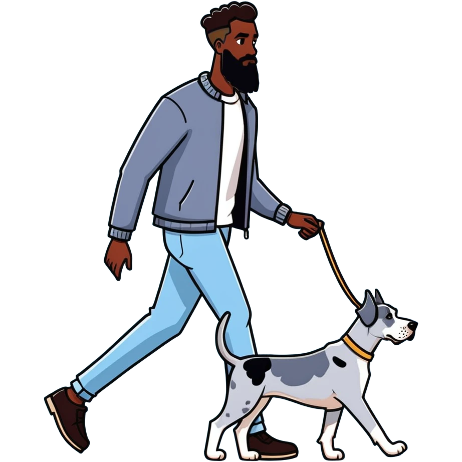 man and dog, tall bearded dark-skinned man walking blue Merle Great Dane, illustration style emoji