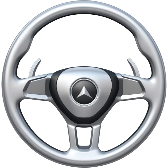 A futuristic steering wheel emoji made of silver chrome, minimal geometric design, smooth metallic surface, soft reflections, iOS emoji style, centered, clean white background emoji