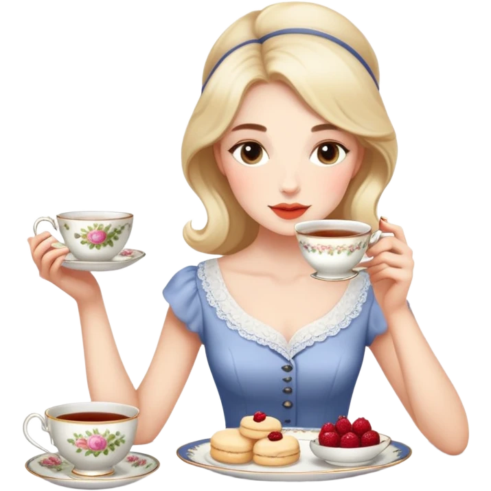 Elegant British girl drinking afternoon tea with scones and teacup, proper posture emoji