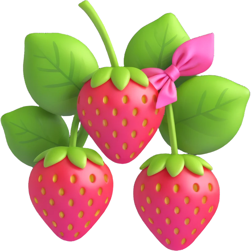 Two strawberries with green leaves, connected by stems, tied with a pink ribbon bow, shiny and glossy, on a white background in 3D iOS emoji style. emoji