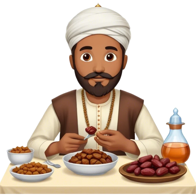 Muslim man with beard and mustache wearing his religious clothes eating if they food : dates on table, meat with rice, fried foods on the table and fruits, water emoji