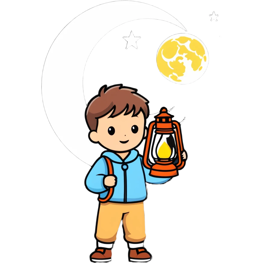 little boy holding a lantern with a moon design emoji