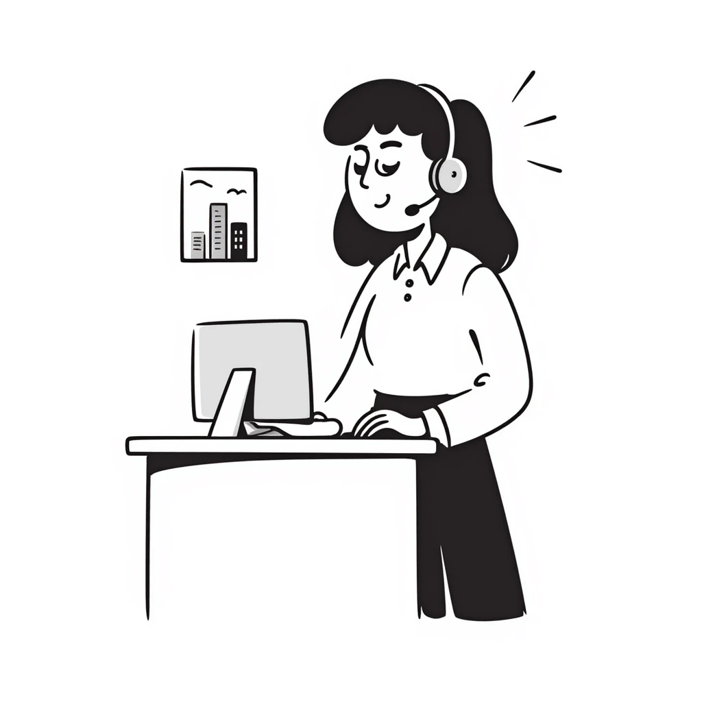 AI voice receptionist with headset, hand-drawn, playful emoji