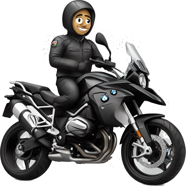 caricatura de un Motero saludando, Montado en una bmw f800r negra  emoji