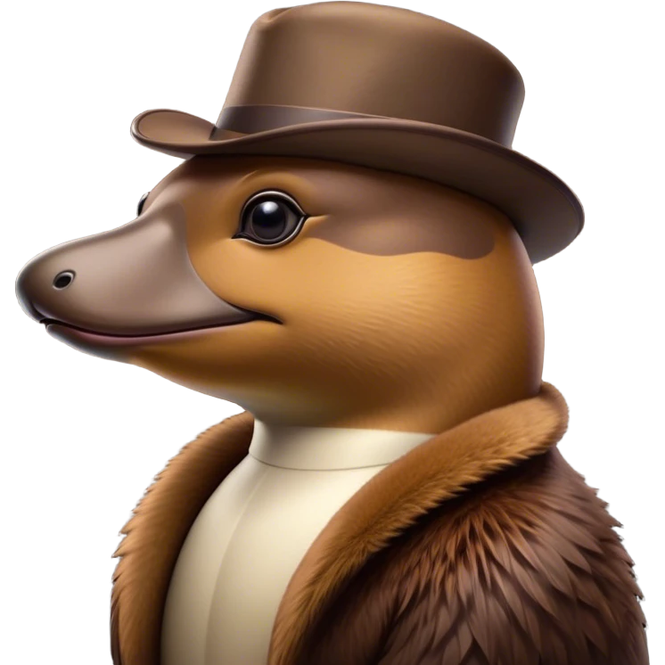 Cinematic Noble Platypus Portrait Emoji, Poised and regal, with a uniquely streamlined build and a sleek brown fur, a distinctive flat duckbill and broad, beaver-like tail, deep-set soulful eyes full of wonder, Simplified yet sharp and sophisticated features, highly detailed, glowing with a soft, dignified glow, high shine, intelligent and enigmatic, stylized with an air of aquatic curiosity, focused and attentive, soft glowing outline, capturing the essence of a watchful and confident oddity, so majestic it feels as though it could glide out of the screen with effortless authority! emoji