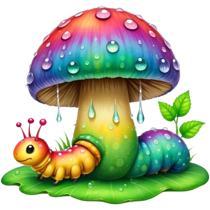 Tie dye mushroom with dew and a cute caterpillar  emoji