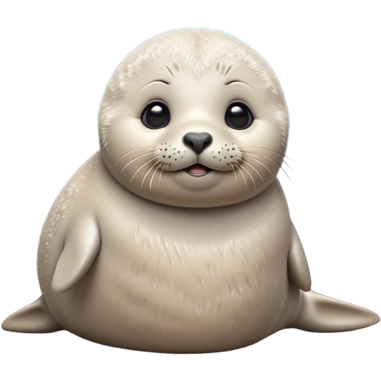 Cinematic Cute Baby Seal Portrait Emoji, Head tilted playfully and inquisitively, featuring a charming, pudgy body with velvety, damp fur, oversized round eyes brimming with innocent wonder, and a soft, cuddly face, Simplified yet irresistibly adorable features, highly detailed, glowing with a warm, frosty glow, high shine, affectionate and lively, stylized with a touch of whimsical polar magic, soft glowing outline, capturing the essence of a mischievous yet loving baby seal that seems as if it could waddle out of the screen into your arms! emoji