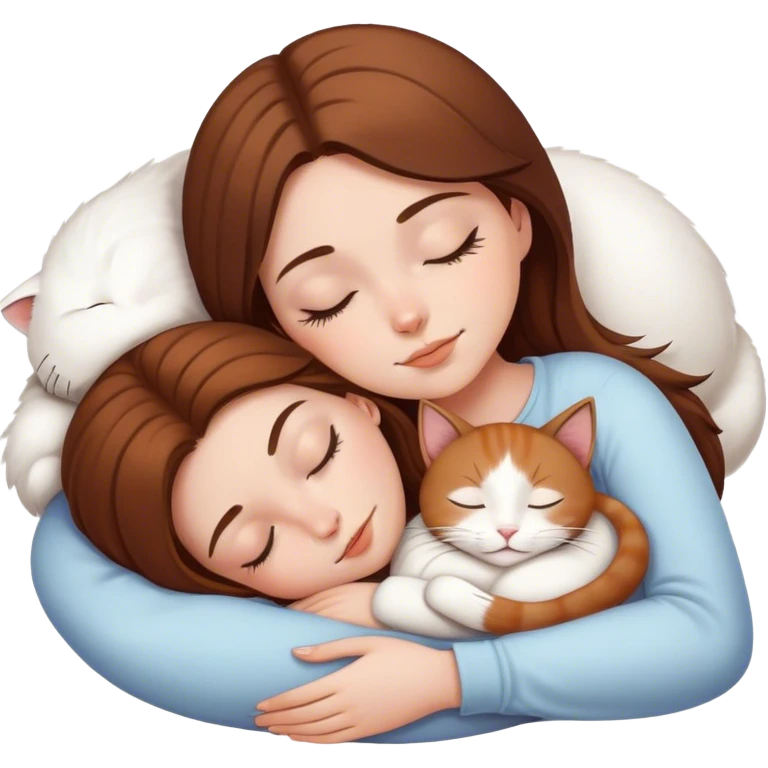 White girl brown hair sleeping with white kitty emoji