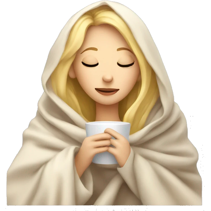 girl inside a blanket sipping coffee eyes closed blonde hair emoji