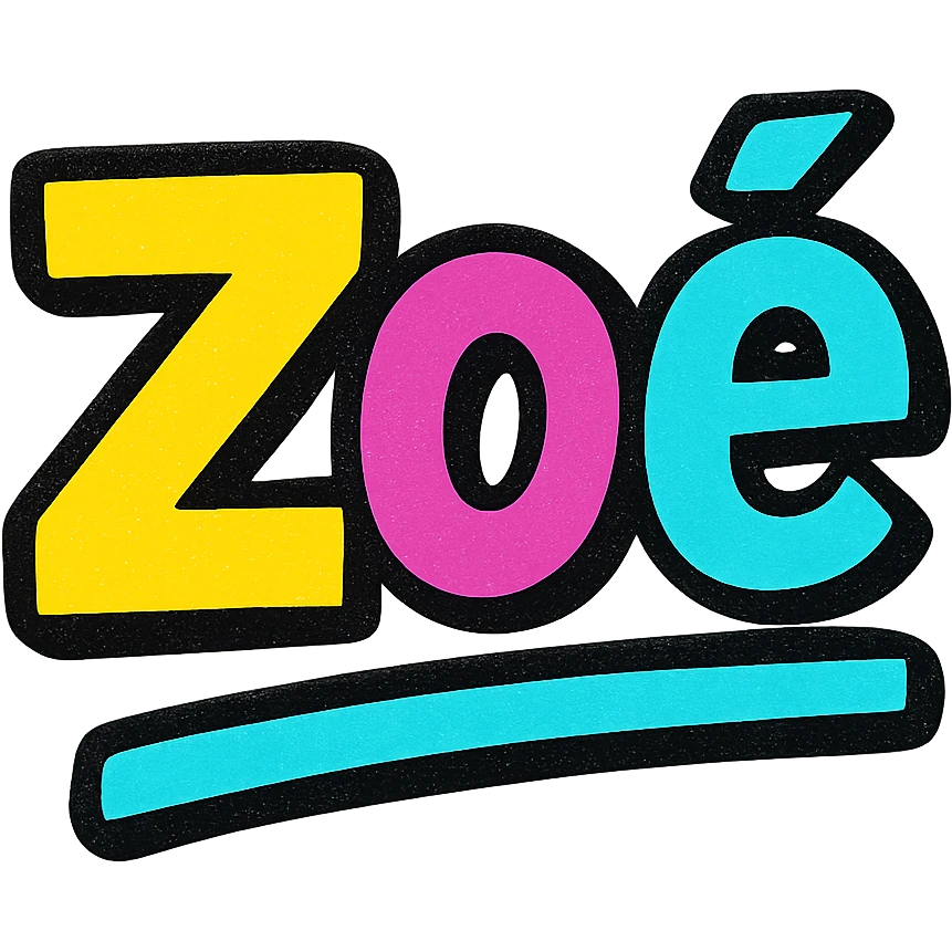 Zoé name in modern colorful gradient font with dark outline, dynamic slanted or partial underline, transparent background, in the style of reference patterns emoji